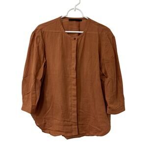 Jenni Kayne Womens Small James Button Up Rust Collarless Blouse Linen Lagenlook